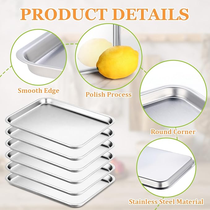 6 Pcs 8.6 x 6.4 Inch Baking Sheets Stainless Steel Baking Pan Tray Cookie Sheet Rectangle Mirror Finish and Rust Free Easy Clean and Dishwasher Safe Bakeware Oven Tray for Roasting (Silver)