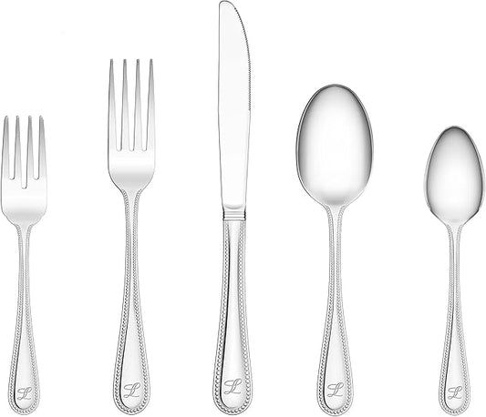 RiverRidge Monogrammed Beaded Flatware Set - L - 46-Piece Silverware with Custom Letter Stamp, 18/0 Stainless Steel Utensils Set for Daily Use & Special Occasions - Dishwasher Safe, Versatile Design