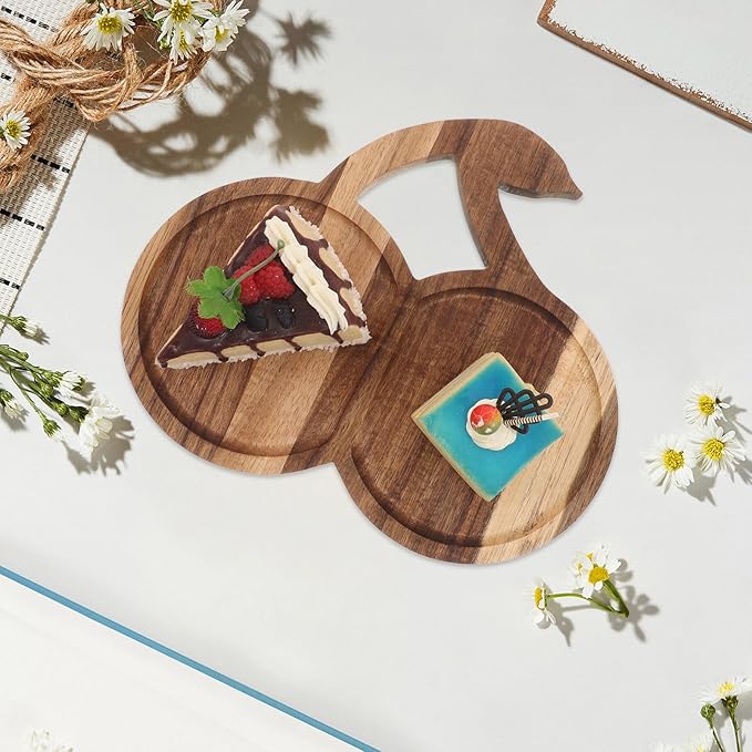 Wood Serving Tray - Cherry Shaped Wooden Cake Snack Appetizer Platter, Candy Dessert Dish, Ideal for Coffee Tea, Cheese, Party Supplies & Daily Serving, Elegant Table Display