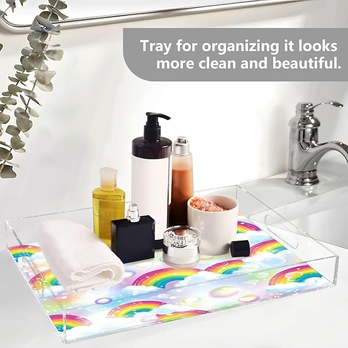 Serving Tray with Handles Clear Acrylic Tray 12x16 Inch Decorative Rectangular Tray Organizer for Ottoman Coffee Table Bathroom Rainbow Clouds Dots White