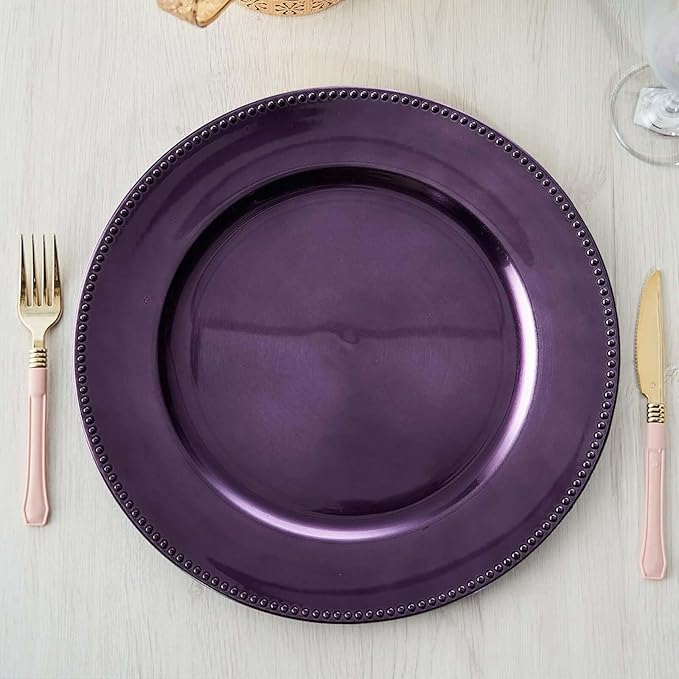 13" Charger Plates -Set of 12 - Acrylic Purple Round Beaded Disposable Chargers, Ideal for Dinner Party Wedding Bulk Events Tabletop Decoration