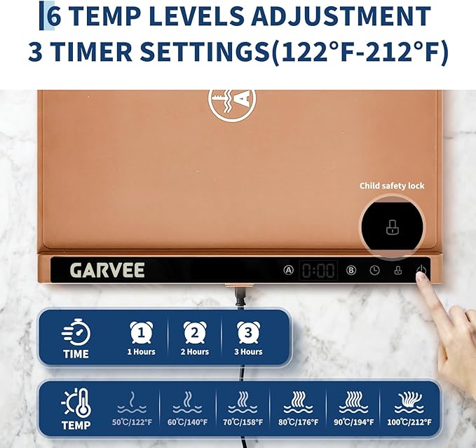 GarveeHome Food Warming Mat for Countertop, 24x15 Inch Dual Zone Electric Warming Tray with Timer & 6 Temp Settings, Portable Food Warmer for Parties Buffets Home Daily Use, Orange