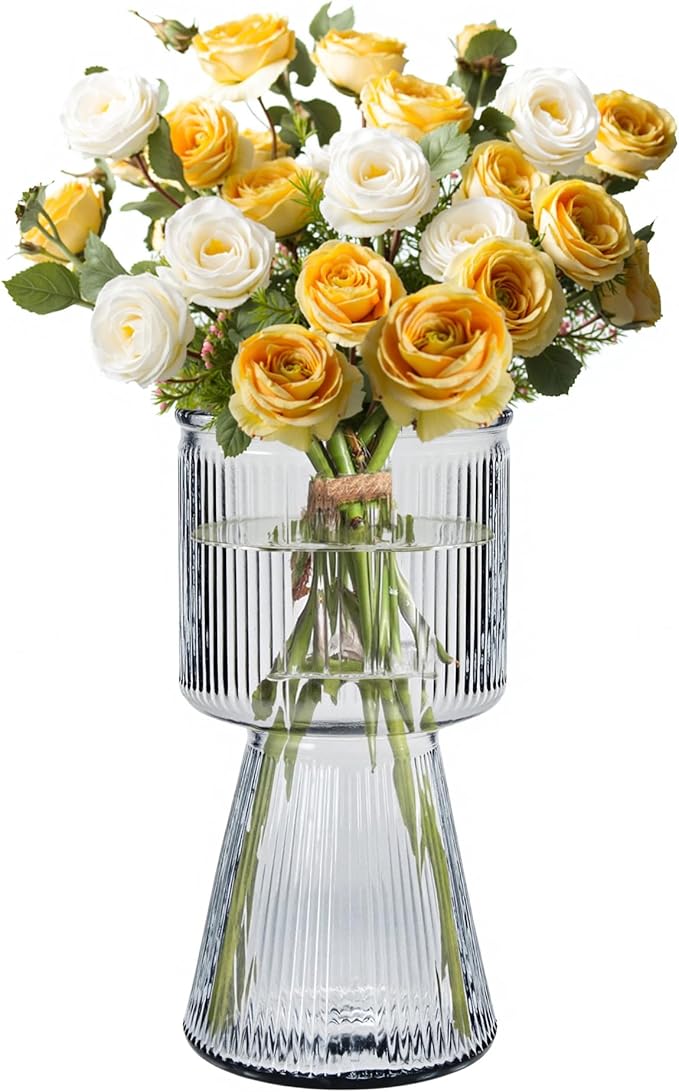 VECELO Modern Ribbed Glass Vase, Clear Flower Vase for Table Centerpiece, Modern Glass Vase for Living Room, Bedroom, Dining Table, Entryway, Office, Wedding, 7.5 Inches