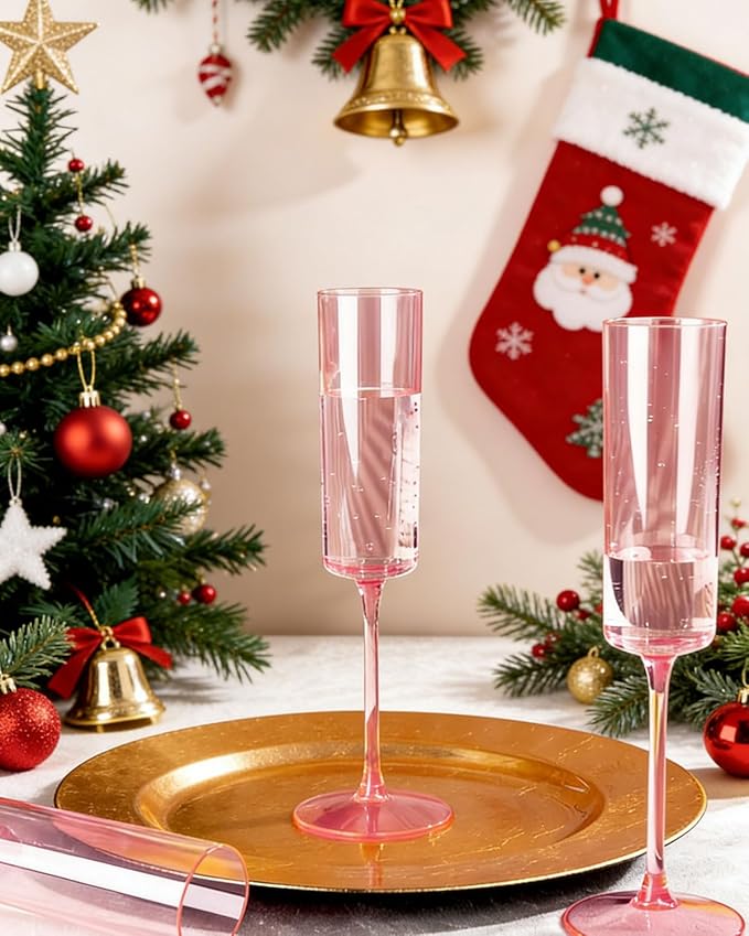 Ciaell 24 Pack Pink Plastic Champagne Flutes - Pink 6 Oz Disposable Champagne Glasses - Square Plastic Toasting Glasses for Party Birthday Anniversary Wedding