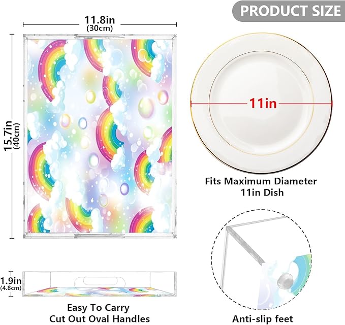Serving Tray with Handles Clear Acrylic Tray 12x16 Inch Decorative Rectangular Tray Organizer for Ottoman Coffee Table Bathroom Rainbow Clouds Dots White