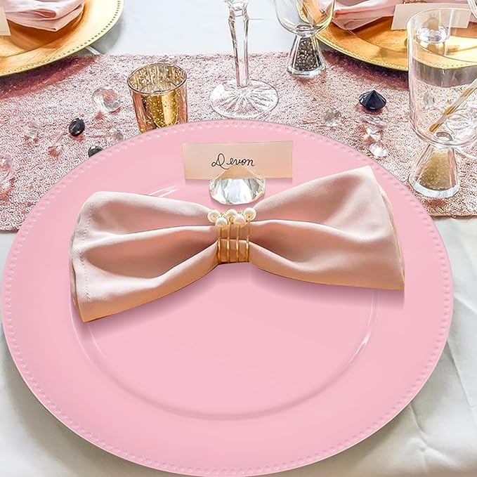 fani 50 Pcs Pink Charger Plates Bulk, 13'' Round Beaded Dinner Charger Plates, Plastic Reusable Vintage Table Decoration for Wedding, Party, Reception, Event, Holiday Supplies