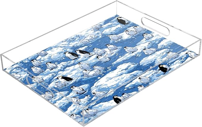 Serving Tray with Handles Clear Acrylic Tray 12x16 Inch Decorative Rectangular Tray Organizer for Ottoman Coffee Table Bathroom Blue Penguins Ice Floes Snow Water