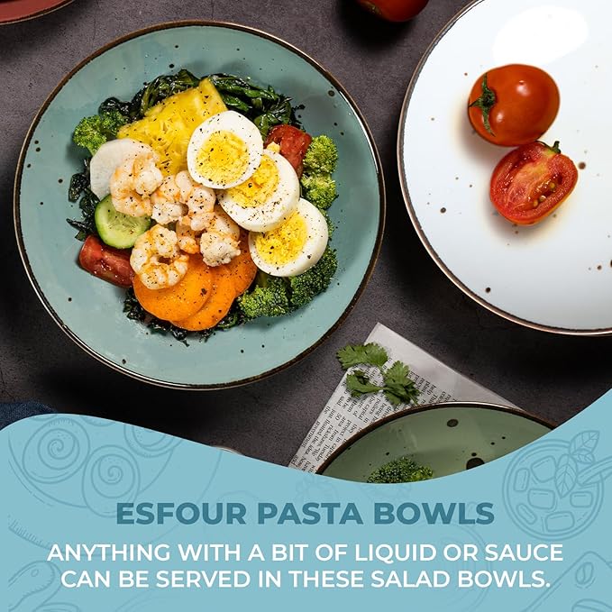 Esfour Ceramic 7.84inch Serving Bowls - Set of 6 | 20 Oz Large Pasta Salad Bowls, Microwave/Oven Safe, Wide Shallow Porcelain Bowls for Party, Dinner, Entertaining, Stackable - Natural Assorted Colors