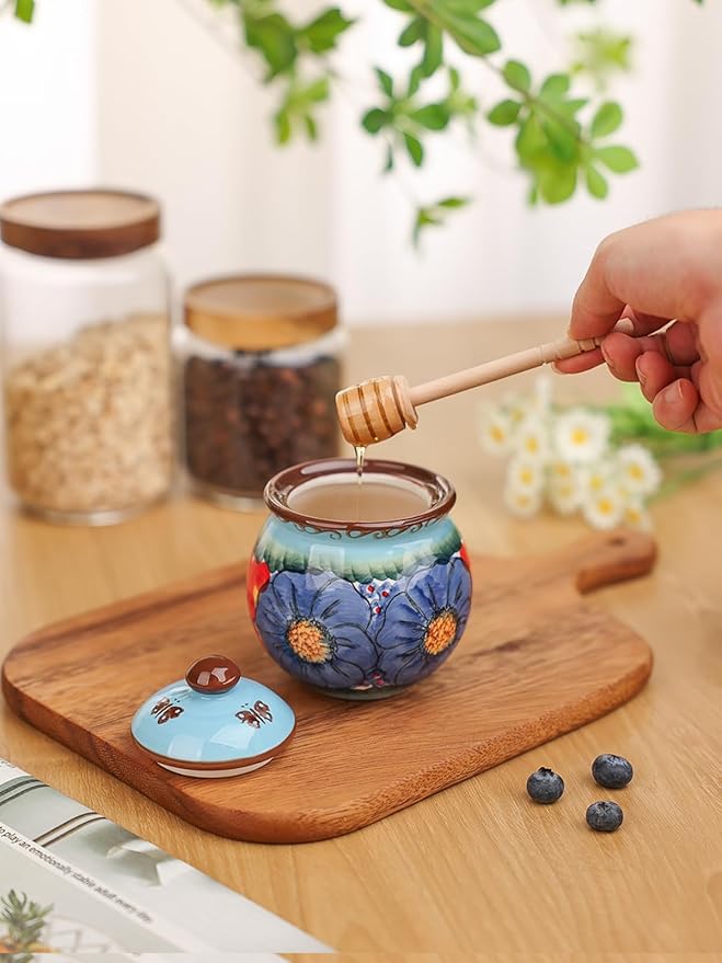 silesia Handmade Ceramic Honey Jar with Lid, 8 oz Floral Design Honey Pot with Dipper, Hand-Painted Honey Containers for Honey, Jam, or Syrup, Dishwasher Safe (Glazed Blue)
