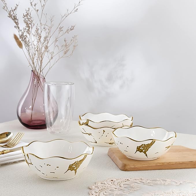 fanquare 10oz Gold Marble Soup Bowl, Porcelain Cereal Bowls Set for 4, Small Kitchen Serving Bowls, Dishwasher Safe, 5.5"