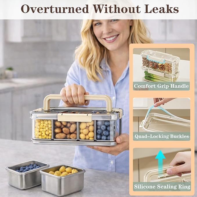 Metal Snackle Box Set, German-Inspired Stainless Steel Design, Leak-Resistant 2-Pack Snack Tray Organizer with 8-Container Removable Tray System, Dipping Cups Included for Travel Family Parties