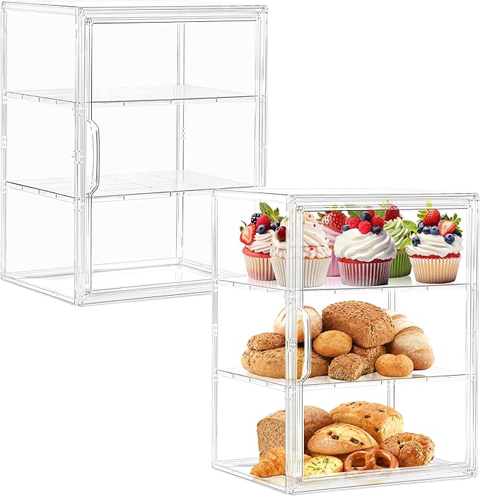 Pastry Display Case,Bread Box for Kitchen Countertop,3 Layers Adjustable Clear Bread Storage with Magnetic Door Small Bakery Pastry Display, 2 Pack