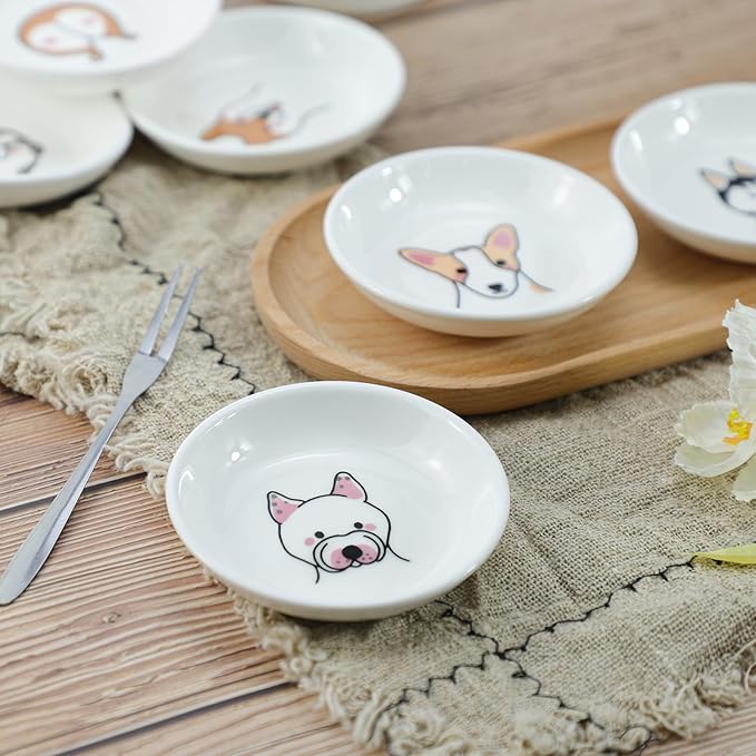 Funny Dogs Head and Butt Pattern Ceramic Sauce Dishes, Seasoning Dishes, Sushi Soy Dipping Bowls, Appetizer Plates, Dessert Plates, Little Cat Bird Feeding Bowls, Set of 6-Dogs-3.5 Inch
