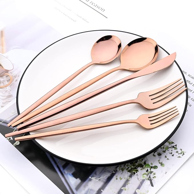 30Pcs Copper Simplicity Mirror Finished Cutlery Set, 18/0 Stainless Steel Daily Use Silverware Kitchen Home Restaurant Party Dessert Flatware Set Include Knife/Fork/Spoon, Service For 6