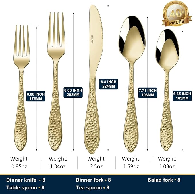 VIVANI 40-Piece Champagne Gold Silverware Set, Food-Grade Stainless Steel Gold Flatware Set for 8, Hammered Cutlery Set for Home, Restaurant, Wedding, Cafes, Dishwasher Safe