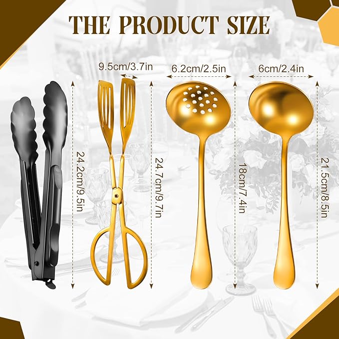 19 Pieces Serving Flatware Set Including Stainless Steel Spatulas, Forks, Spoons, Perforated, Soup, Skimmers Spoon, Buffet Tongs, Heavy Duty Serving Tongs for Home(Gold)