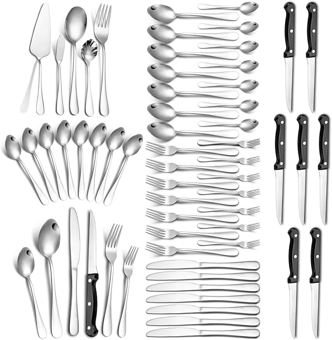 Stainless Steel Flatware serving set,Home Kitchen Eating Tableware Set,Dishwasher Safe,For Home Kitchen Restaurant Hote 61-piece Thickened Stainless Steel Cutlery Set Hotel Restaurant Knife, Fork And