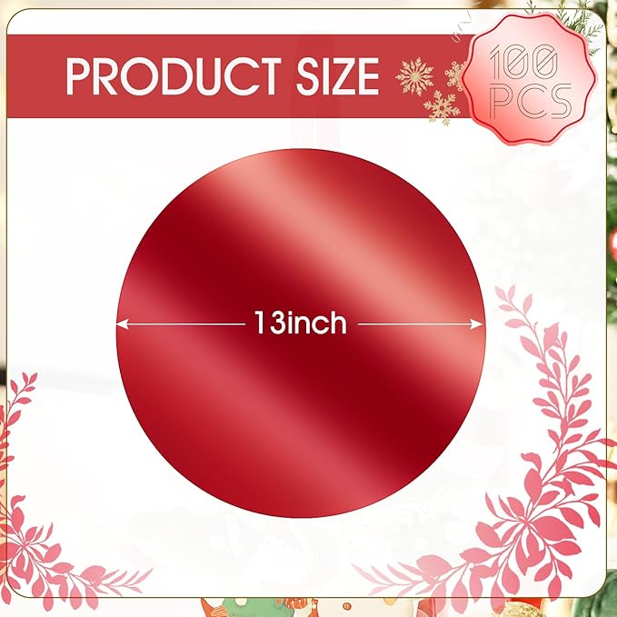 KesaPlan 100 PCS Round Red Placemats, 13" Disposable Paper Placemats for Dining Table, Mirrored Red Charger Place Mat for Christmas Thanksgiving Kitchen Banquet Table Setting Wedding Dinner Party
