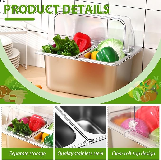Countertop Food Serving Display Container and Clear Roll Top Cover Half Size Stainless Steel Food Serving Tray Condiment Dispenser with 2 Removable Containers for Restaurant Kitchen Buffet