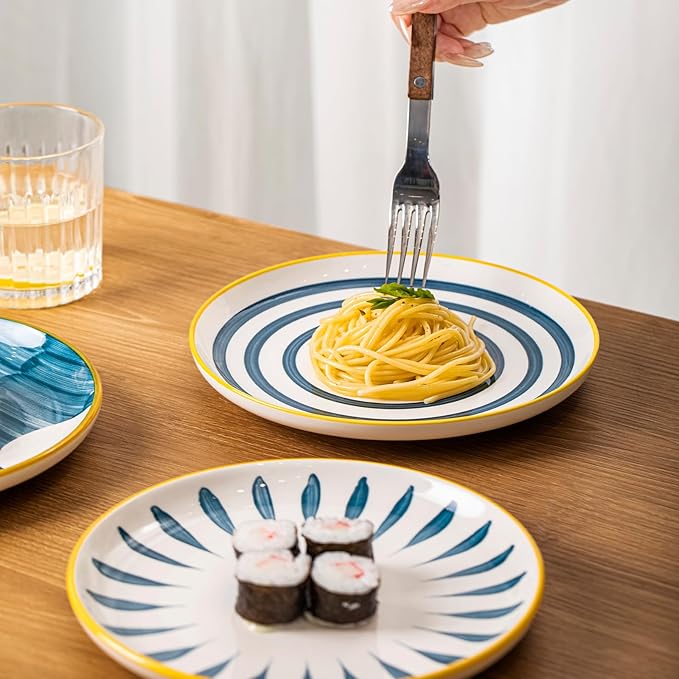 Yeacccng Dinner Plates Set of 4, Ceramic Sandwich Plate, 8 Inch Saucers Plates, Shallow Plates for Kitchen Decor, Scratch-Resistant, Lead-Free, Dishwasher & Microwave Safe, Easy Clean