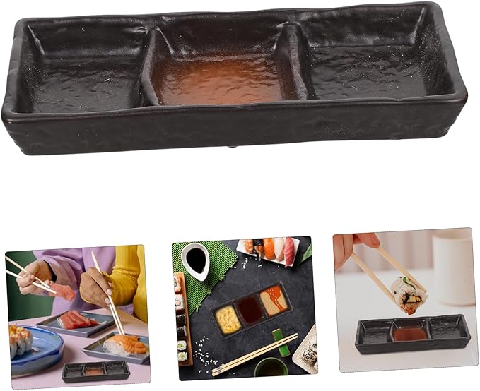 3-Compartment Ceramic Sauce Dish Japanese Style Rectangular Seasoning Plate for Sushi Appetizer and Dipping Sturdy Porcelain for Entertaining and Everyday Use