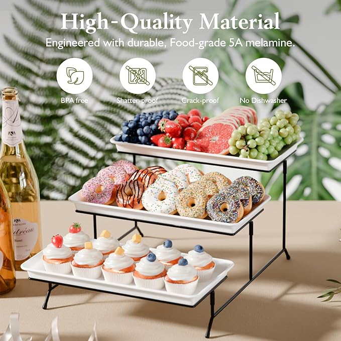 3-Tier Melamine Serving Tray Set, 14"x7" Platters for Serving Food, White Reusable Trays with Black Metal Display Stand for Cupcakes, Sevring Food, Dessert, Fruit, Cookie, Black