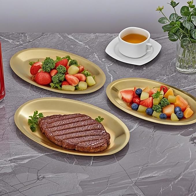 SANQIAHOME 10.9x6.7 Inch Thick Stainless Steel Dinner Plate 2-Piece Set, Egg-Shaped Appetizer Plate,Gold