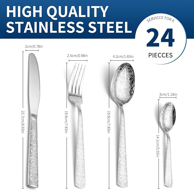24 Piece Silver Flatware Set, Delicate Patterns,Stainless Steel Flatware Set for 6, Dishwasher Safe, Rust Resistant, Restaurants and Home Use