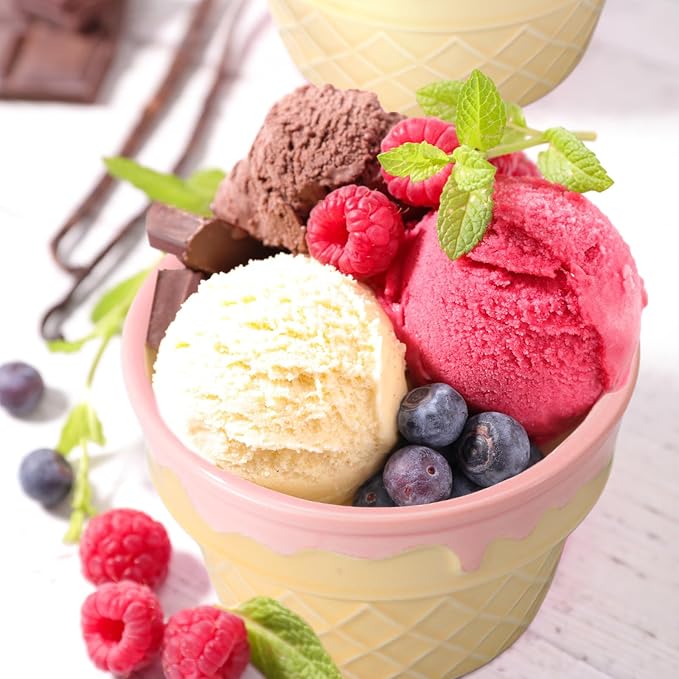 Honeydak 4 Pcs Ice Cream Ceramic Bowls 9 oz Waffle Ice Cream Cups Reusable Sundae Dessert Snack Containers for Christmas Summer Kid Adult Birthday Home Yogurt Soup Bar Party Supplies