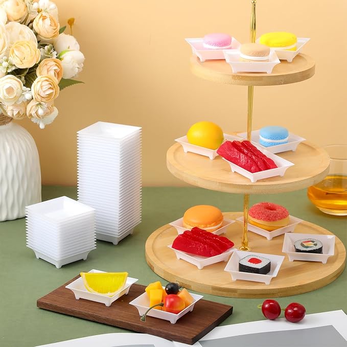 100 Pcs Mini Appetizer Plates Bulk 1 oz 2.4 Inch Square Plastic Dessert Plates Disposable Appetizer Tray for Wedding Shower Valentine's Salad Cake Afternoon Tea Birthday Party (White)