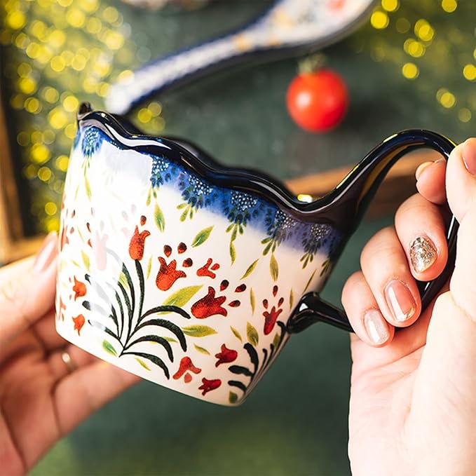 OZY Handpainted Soup Bowl with Handle,Ceramic Cereal Bowl Great for Soup, Ice cream, Fruits,Snack,Microwave &Dishwasher Safe (Polish Red Flower)