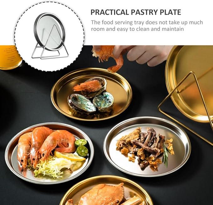 Wakauto Stainless Steel Pastry Serving Tray and Roast Meat Food Plate Set with Storage Rack, Modern Silver, 6pcs Snack Dish Collection for Restaurant and Home Use