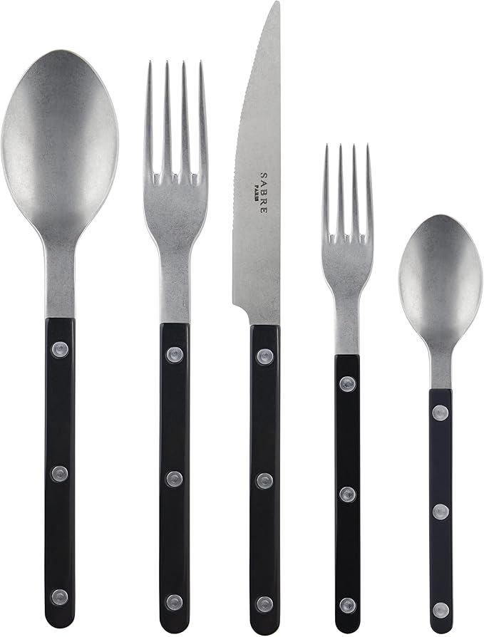 SABRE PARIS - 5-Piece Flatware Set - Bistrot Vintage Collection - Knives, Forks, Soup Spoons, Teaspoons & Dessert Forks - Stainless Steel & Acrylic - Dishwasher Safe - Black - Mat Finish