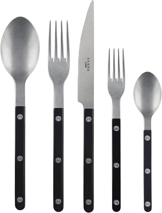 SABRE PARIS - 5-Piece Flatware Set - Bistrot Vintage Collection - Knives, Forks, Soup Spoons, Teaspoons & Dessert Forks - Stainless Steel & Acrylic - Dishwasher Safe - Black - Mat Finish