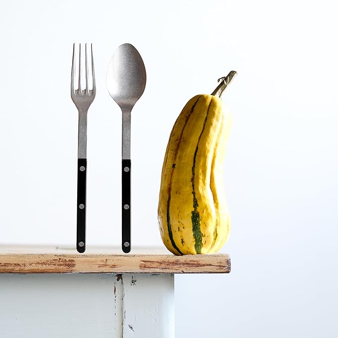 SABRE PARIS - 2-Piece Serving Set - Bistrot Vintage Collection - Large Fork & Large Spoon - Stainless Steel & Nylon - Dishwasher Safe - Black - Mat Finish