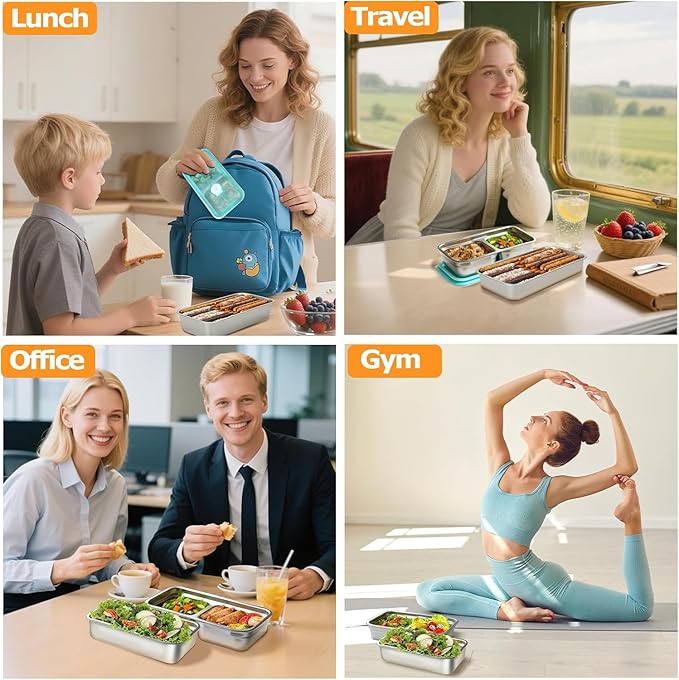 Stainless Steel Snack Containers with Lids, Reusable Bento Lunch Container Box, Food Storage, Leak Proof, Dishwasher-Safe, Grab and Go for Work, 2 Single + 2 Double Compartment