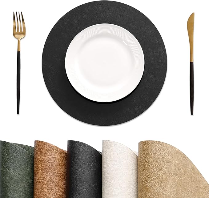 MOSAYT 13 Inch Round Vinyl Placemats Set of 4 - Faux Leather 100% Waterproof Oil-Proof Wipeable PU Place Mats, Heat Resistant Reversible Table Mats for Kitchen, Dining, Outdoor (Black)