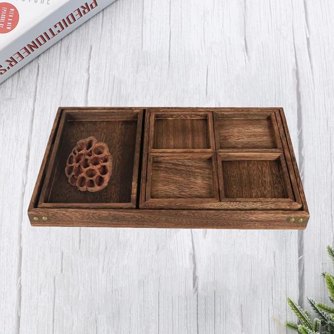 PRETYZOOM 1Pc Retro Solid Wood Tea Tray Rectangular Fruit Serving Tray for Desserts Drinks Natural Design Sturdy for Parties Home Decor Black Brown