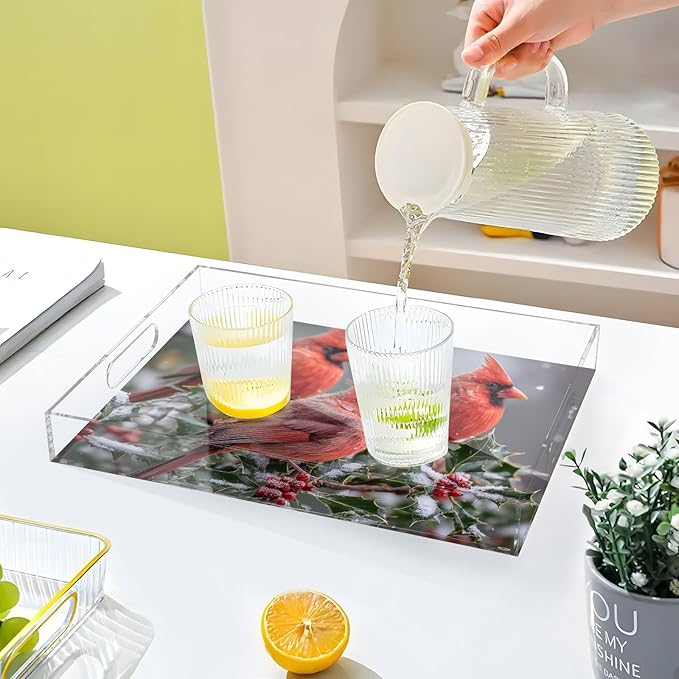 Serving Tray with Handles Clear Acrylic Tray 12x16 Inch Decorative Rectangular Tray Organizer for Ottoman Coffee Table Bathroom Winter Birds Holly