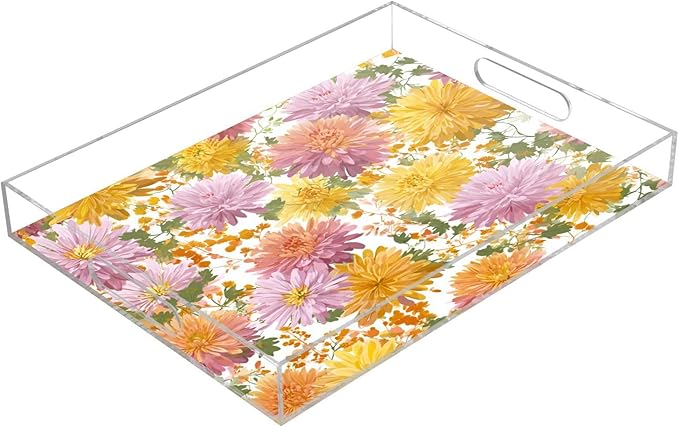 Serving Tray with Handles Clear Acrylic Tray 12x16 Inch Decorative Rectangular Tray Organizer for Ottoman Coffee Table Bathroom Pretty Chrysanthemum Flower