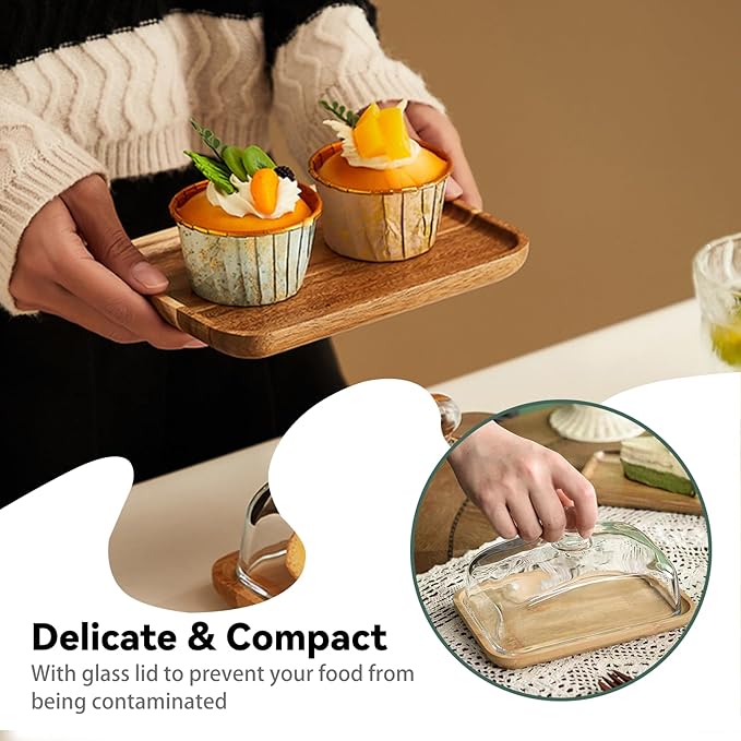 1 Pack Rectangular Wooden Cake Stand with Glass Dome,Small Cake Plate Holder with Clear Glass Bell,Cake Display Server Tray for Kitchen,Birthday Parties,Weddings,Baking Gifts (4.6 x 7in)