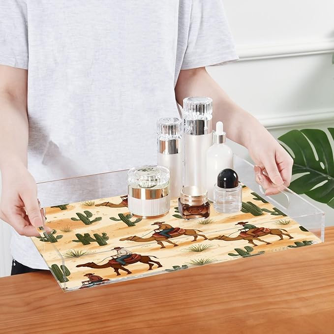 Serving Tray with Handles Clear Acrylic Tray 12x16 Inch Decorative Rectangular Tray Organizer for Ottoman Coffee Table Bathroom Cute Cowboys Camels Cacti