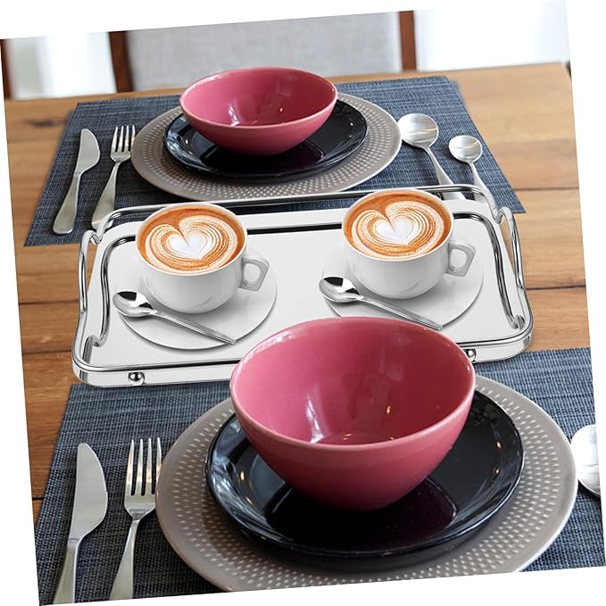 PRETYZOOM Silver Serving Tray for Coffee Bar Wedding Stainless Steel Rectangular Tray Handles