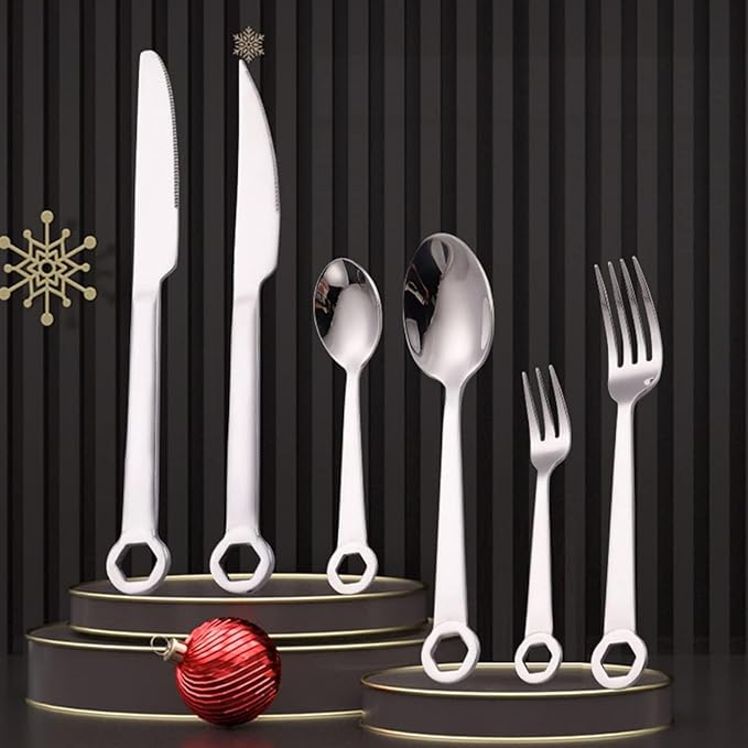 Cutlery Set Stainless Steel Wrench Handle Flatware Set for 4, Food-Grade Serving Cutlery Set Tableware Eating Utensils Knives Forks Spoons Set Gift