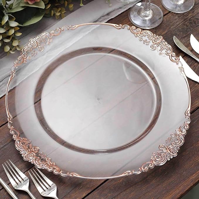 13" Charger Plates -Set of 12 - Acrylic Clear Rose Gold Round Baroque Disposable Chargers Leaf Embossed Rim, Ideal for Dinner Party Wedding Bulk Events