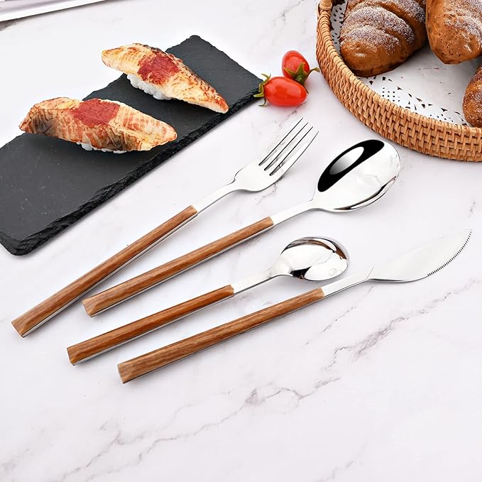 24Pcs Wooden Handle Flatware Silverware Set, Stainless Steel Cutlery Set for 6, Square Handle Eating Utensils, Mirror Polished for Home Kitchen Bar Restaurant
