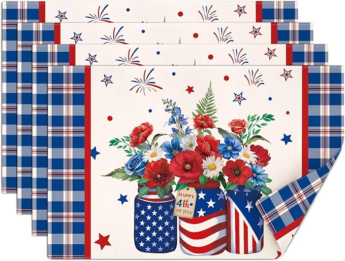 comfoyar Buffalo Plaid Patriotic Placemats Set of 4, 12x18 Inch Non-Slip Linen 4th of July Place Mats, Washable Absorbent Independence Day Flower Table Mats for Kitchen Dining Party Table Decoration