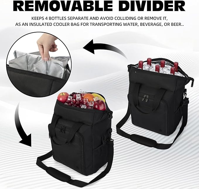 ALLCAMP 6 Bottle Wine Gift Bag - Insulated Tote Cooler, Adjustable Strap, Includes 6 Wine Glasses, Napkins & Corkscrew, Portable Travel Gifting(Black)