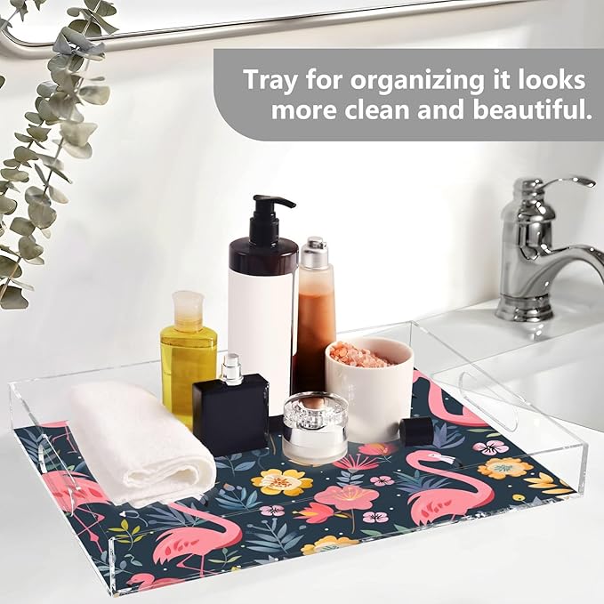 Serving Tray with Handles Clear Acrylic Tray 12x16 Inch Decorative Rectangular Tray Organizer for Ottoman Coffee Table Bathroom Flower and Flamingo Black