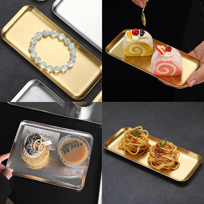 3 Pcs Small Serving Tray, Stainless Steel Coffee Table Tray, Wire Drawing Process, Beautiful and Understated, Waterproof and Durable(Silver,10x22CM/4x9IN)